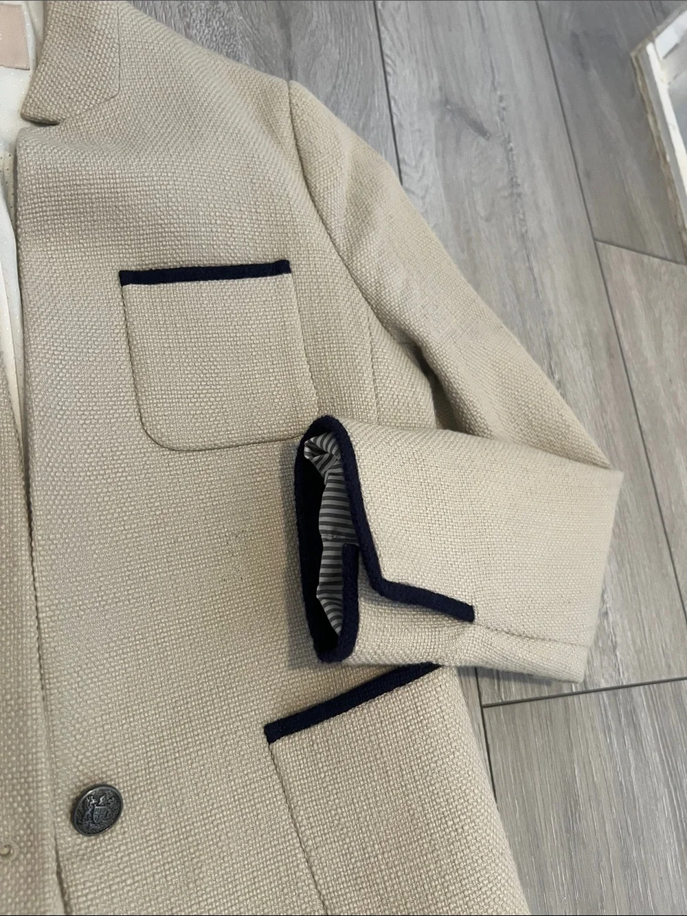 Banana Republic Cream Textured Blazer with Navy Trim